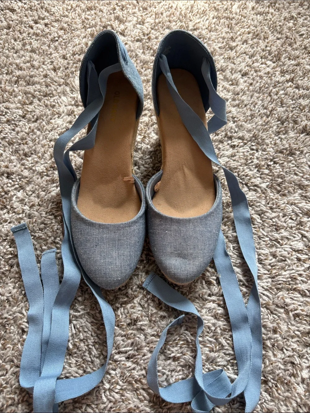 Chambray Blue Espadrille Wedge Sandals with Ankle Wrap